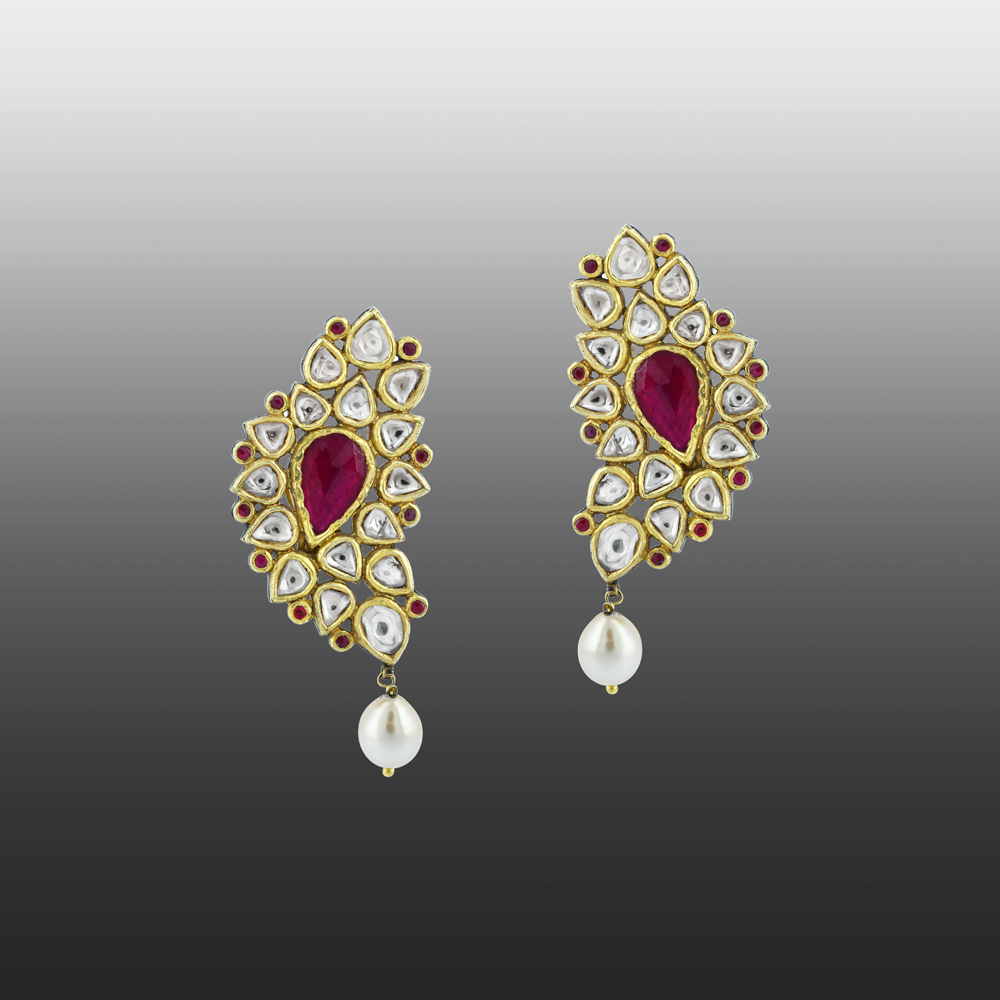 Polki Earrings with Ruby Colour Stone and South Sea Pearl Drop